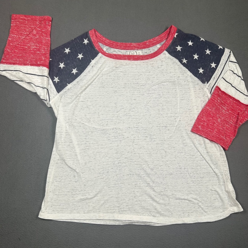 Maurices Top Womens XXL White Red Blue Stars Stripes Raglan 24/7 Burnout Tee